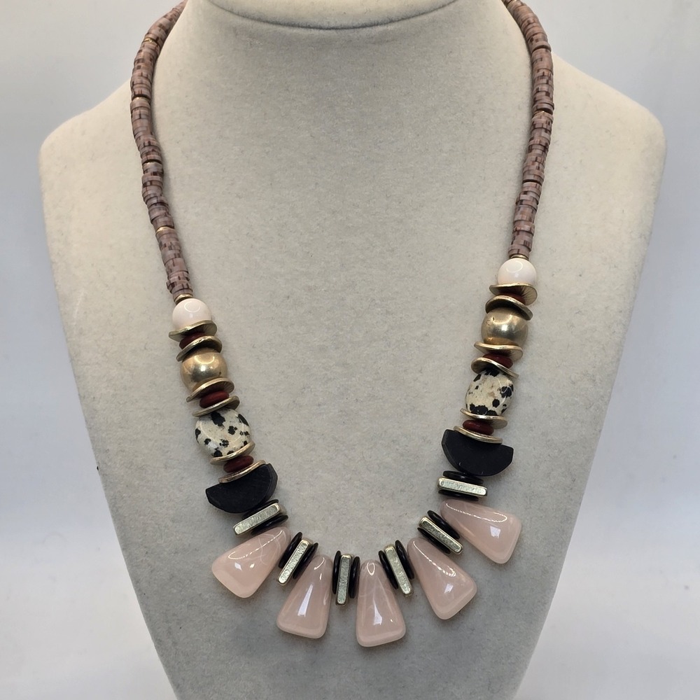 Boho Statement Necklace Rose Quartz‎ Dalmatian Jasper Mixed Media 18–22" - Picture 2 of 9